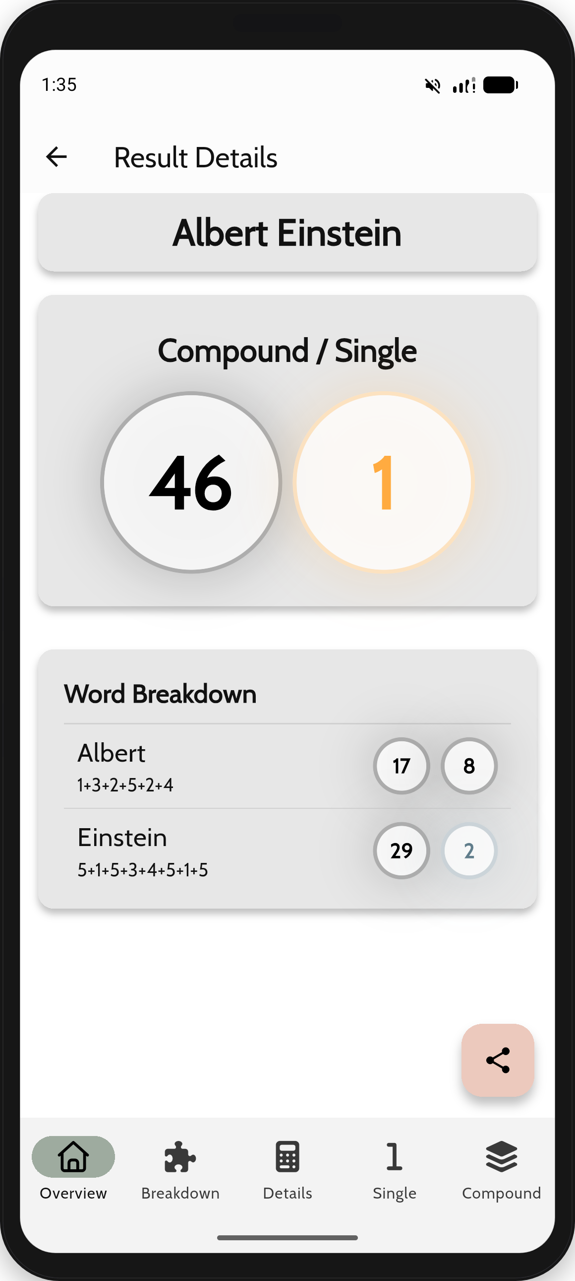 Chaldean Numerology Calculator app showing a name's numerology result